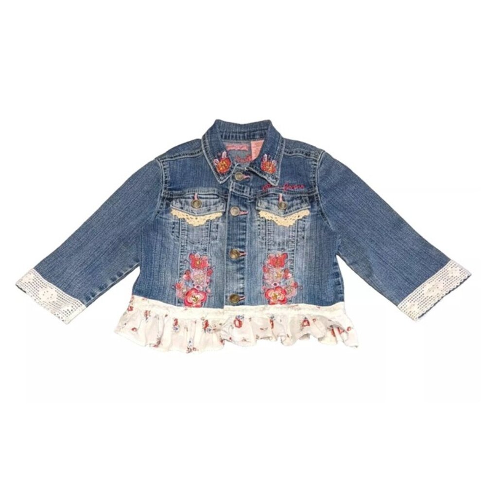 Upcycled Jean Jacket Girls Sz S Vintage Lace Crochet Hand Applied Embellishments